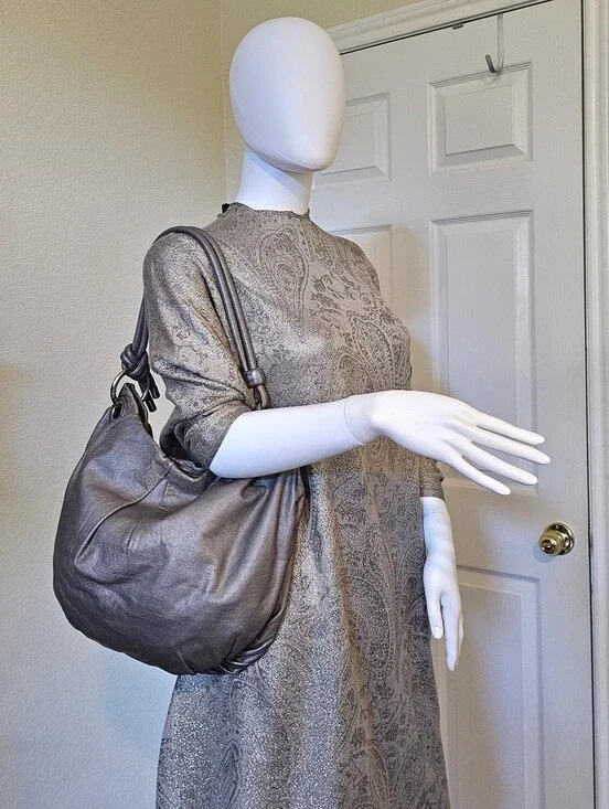 Coach Metallic Silver/Gunmetal Finish Leather Hobo Bag