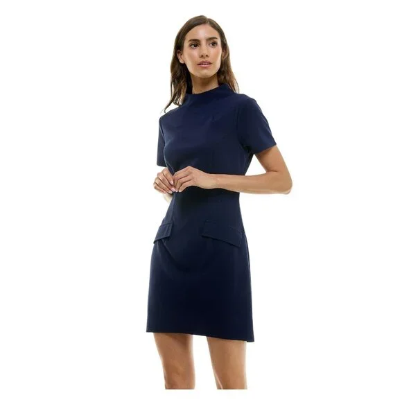 NWT B. Darlin Sleeve Mockneck Fit Flare Faux Pocket Mini Dress Navy Blue 13/14