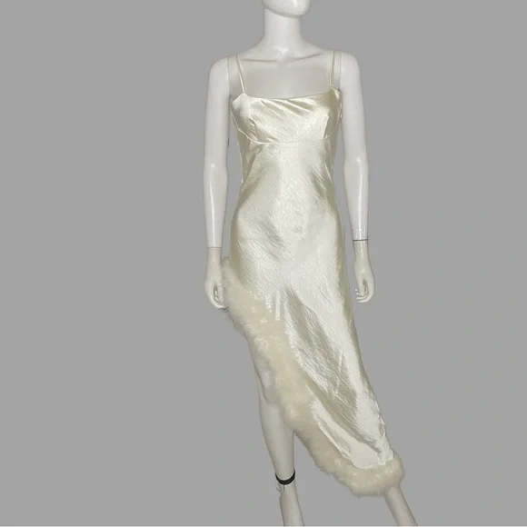 Cream Asymmetrical Satin‎ Spaghetti Strap Dress with Faux Fur Detail