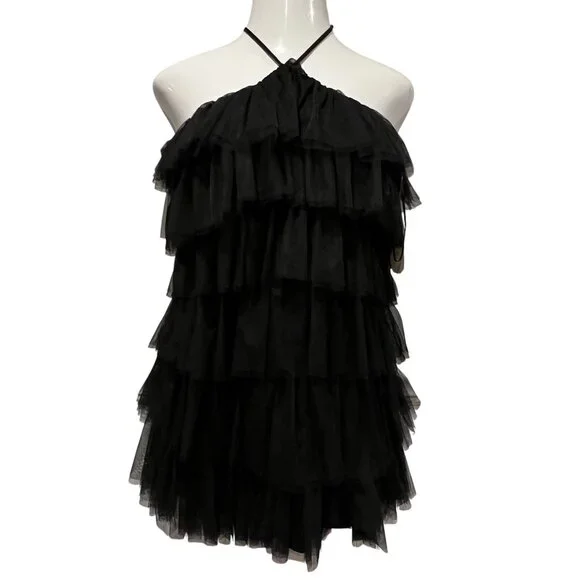 Altar'd State Tiered Tulle Halter Mini Dress, NWT, Black, S