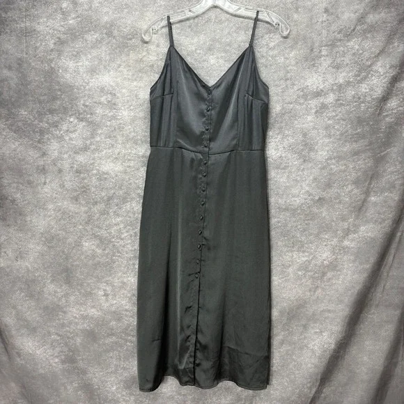 Abercrombie Fitch Black Satin Button Front Midi Slip Dress Size L Smocked Back