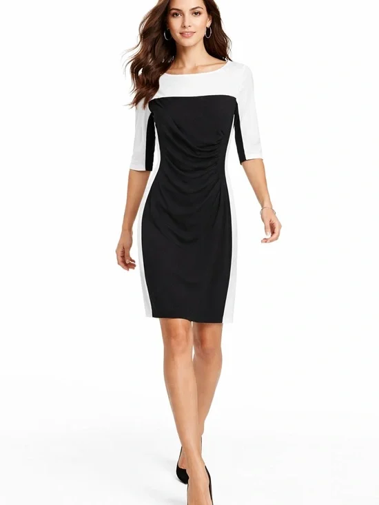 AK Anne Klein Black White Sheath Dress Ruched Side Size 4