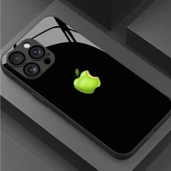 iPhone 14 Pro Max Glossy Tempered Glass Black Case with Green Bitten Apple