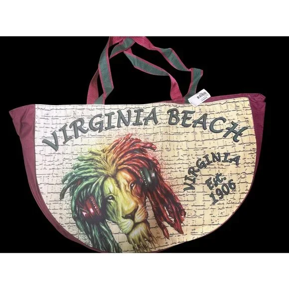 Large tote bag with a lion graphic and the text 