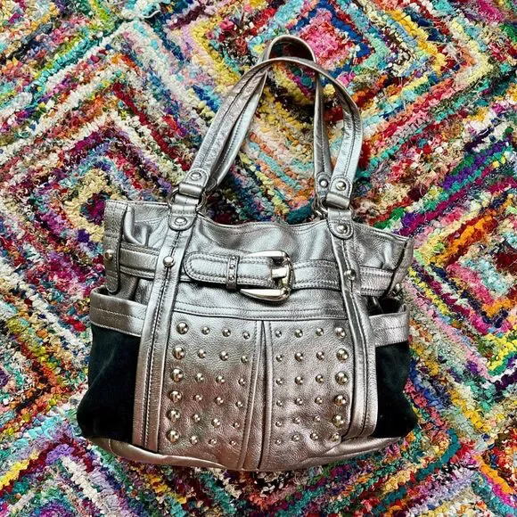 B Makowsky Gunmetal Leather Studded Tote Bag Y2K Moto Boho Shoulder Bag