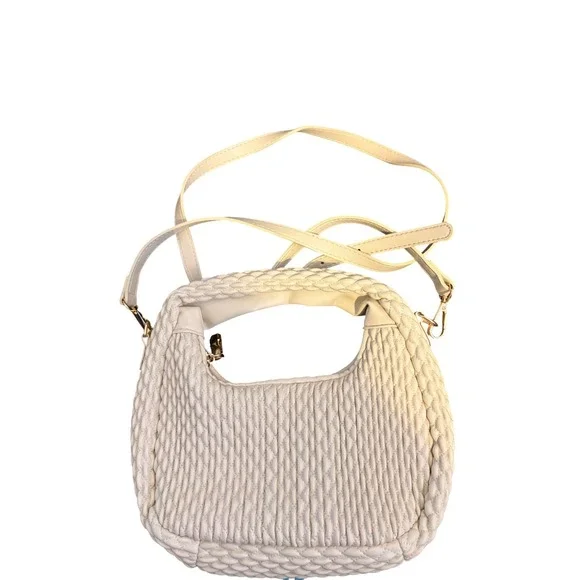 Sincerely Jules Cream Quilted Hobo Bag Braided Handle Crossbody Ivory‎ Ruched