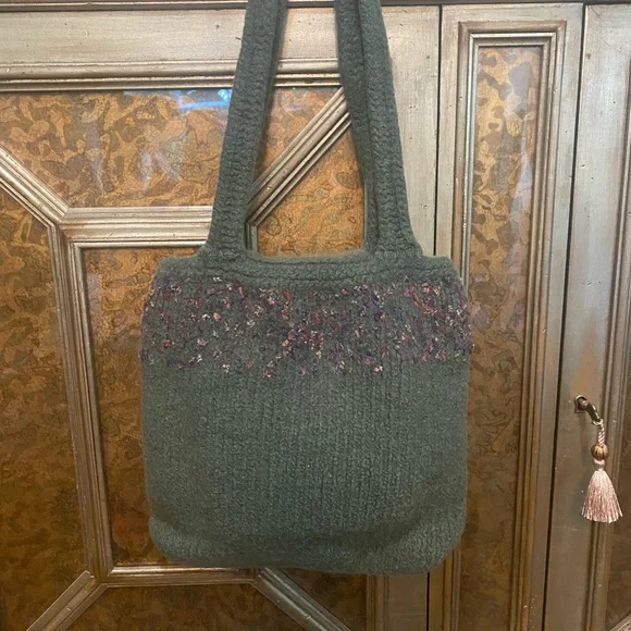 Handmade moss green boiled wool slouchy purse