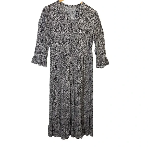 ASOS Maxi Dress Size 2 Black Beige Spotted Print 3/4 Sleeve Neutrals button down