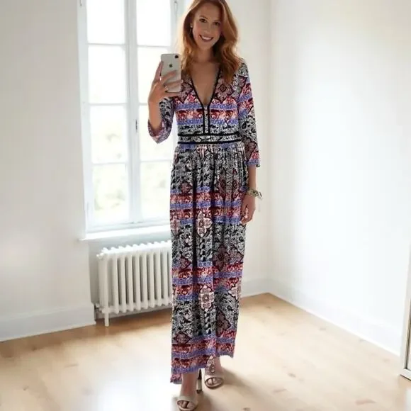 L'Agence Teresa Boho Babushka Floral Paisley Print Maxi Dress XS