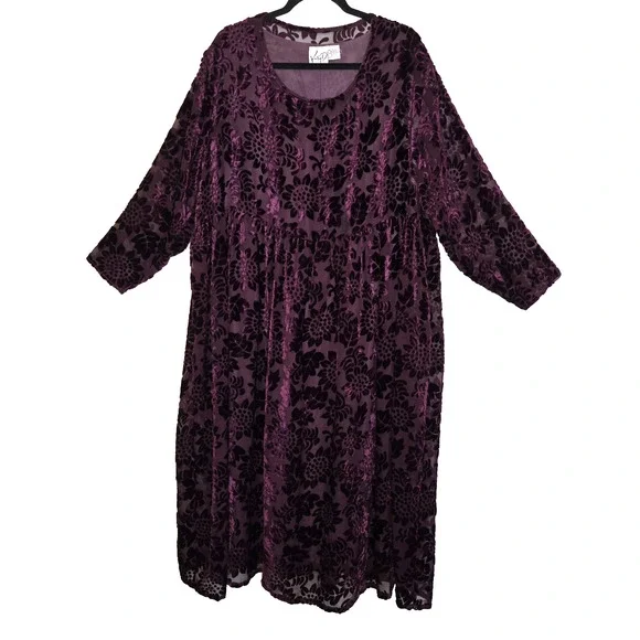 VTG Katy D Deep Maroon Babydoll Velour Velvet Burnout Dress PLUS 18/20 Floral