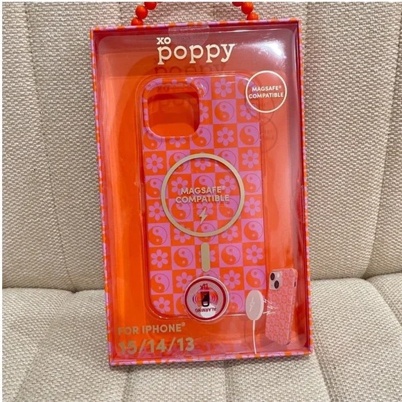 NEW XO Poppy iPhone 15 14 13 Case MagSafe Orange Pink Checkered Yin Yang Floral
