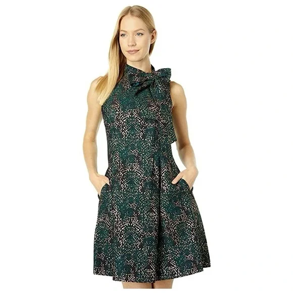 Vince Camuto Jacquard Bow Neck Cocktail Dress Womens Sz 10 Green Gold Metallic