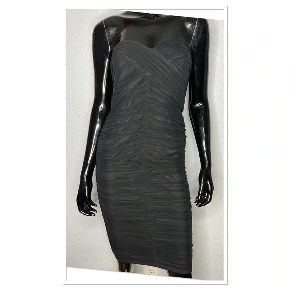 Tadashi Shoji Black Tulle/Mesh Ruched Bodycon Strapless Dress Sz XS