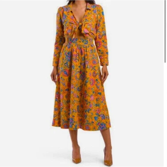 House Of Harlow 1960 Cheyna Paisley Mustard Tie Front Floral Maxi Dress Snap XS