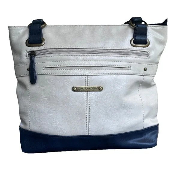 Vintage Stone Mountain Shoulder Bag Hampton Hobo Navy Ivory Tote Leather
