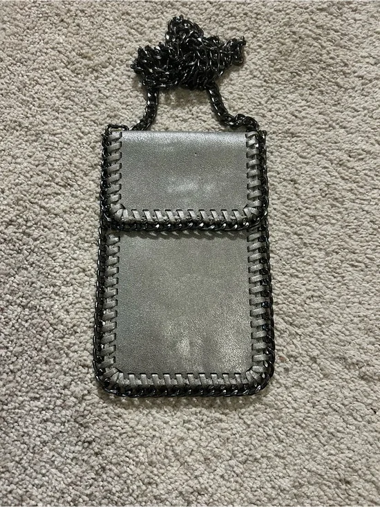 Chain-Trim Metallic Gray Gunmetal Crossbody Phone Bag