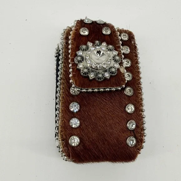 Montana West Phone Holster Small Brown Cowhide Rhinestone Y2K Western Clip