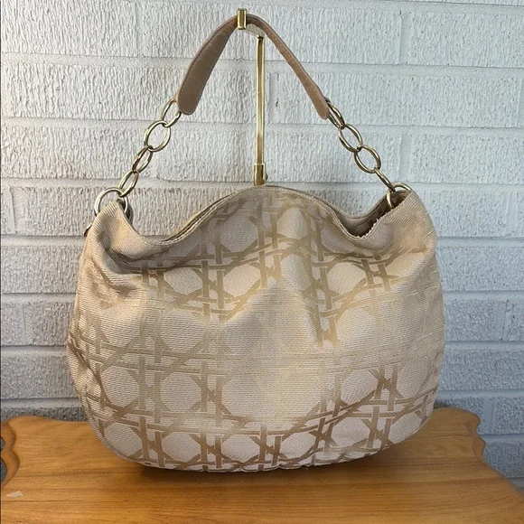 Christian Dior Canvas Cannage Beige Hobo Handle Bag Leather Trim Good Vintage
