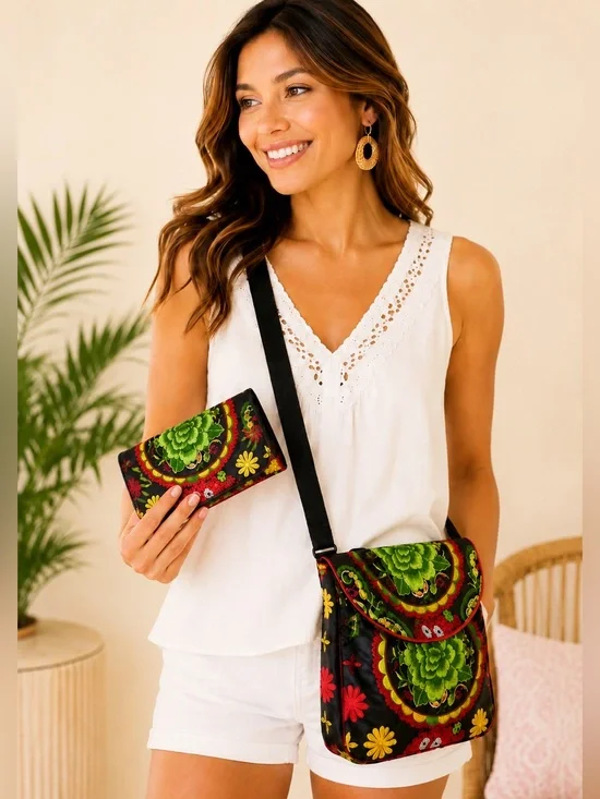 Mint Green Floral and Red Embroidery Pattern Sling Bag & Matching Wallet Set