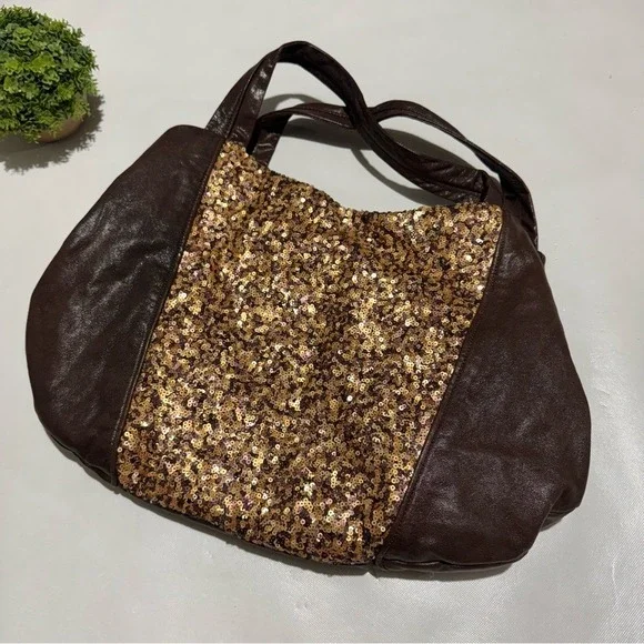 Banana Republic Vtg Y2K Brown Leather‎ Hobo Shoulder Bag Purse Gold Sequin Fall