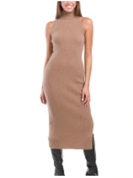 House Of Harlow 1960 Tan Ribbed Turtle Neck Sleeveless Dress Medium Pima Cotton