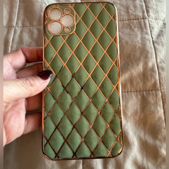 Iphone 11 pro max green quilt like phone with gold trim