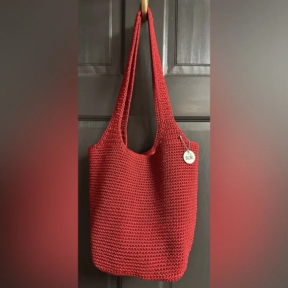The Sak Red Crochet Hobo Double Strap Shoulder Bag Nice Size 9”x7”x7”