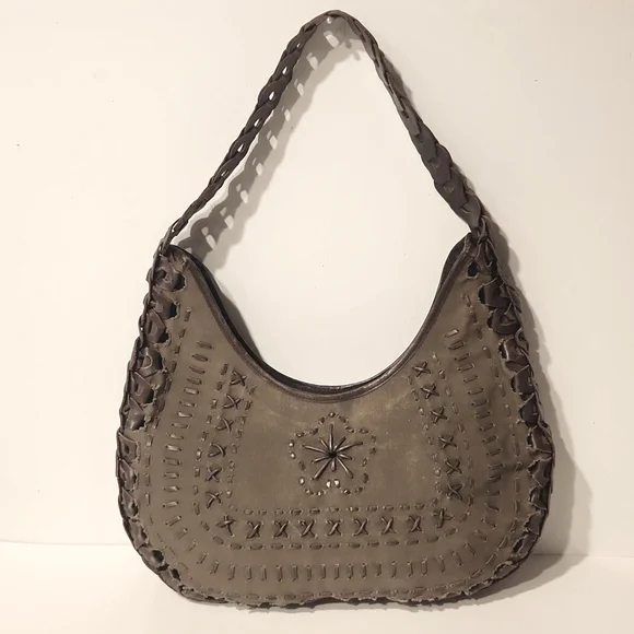 RARE! Cortefiel Canvas & Leather Hobo Shoulder Bag Sage Green & Brown