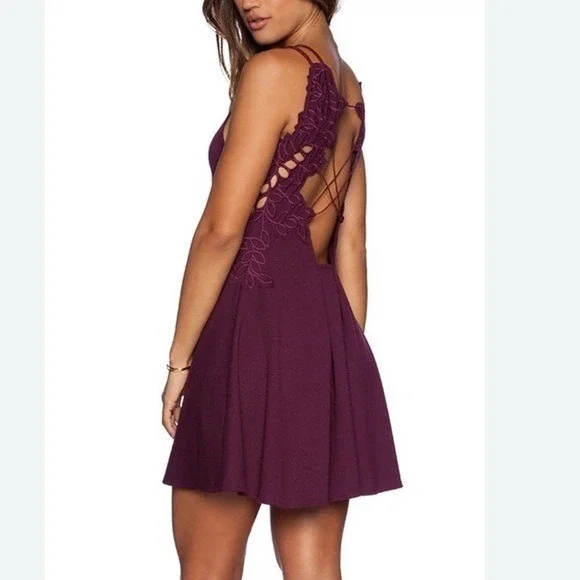 Free People Eggplant Purple‎ Embroidered Open Back Fit Flare Mini Dress Large
