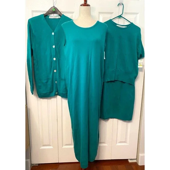 NWT Vtg American Knitworks 100% Cotton 4pc Lot Dress Skirt Cardigan Top Green Lg