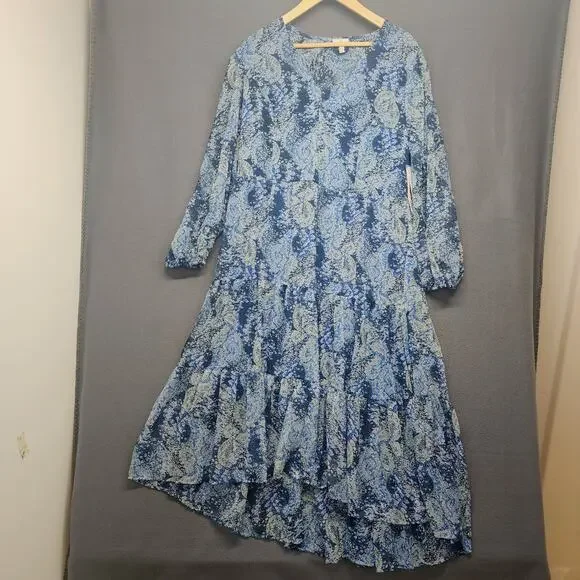 Joie Parisian Paisley Maxi Dress Large Blue Tiered Long Sleeve Boho