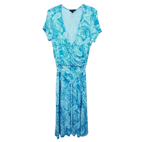 Lands' End Blue Paisley Jersey Knit Faux Wrap Belted Midi Dress Size MT Tall