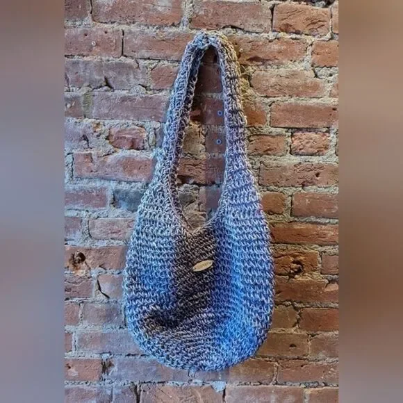 RARE Vintage ESPRIT Blue‎ Gray Crochet Rafia Shoulder Bag Casual Boho Purse