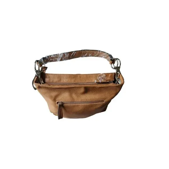 Alyssa Vegan Bucket Handbag 15x11x4” 3 Section Zip Closure Camel Tan 9