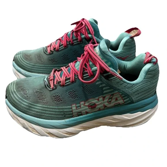 HOKA One One Bondi 6 Running Shoes Teal Pink Womens Size 8 Cushioned