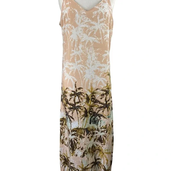 Audrey Tropical‎ Palm Maxi Slip Dress Tan and White, Size Small