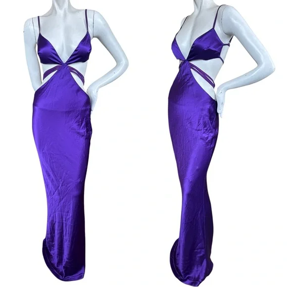 Retrofete Selma Slinky Satin Purple Cutout Low Cut Maxi Gown Size Small