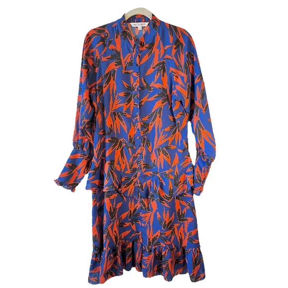 Walter Baker Large Ruffled Button Down High Collar Dress Orange Leaf Pattern
