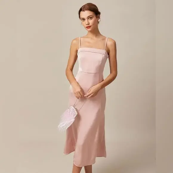 RIHOAS The Pink Bodycon Satin Cami Midi Dress XS