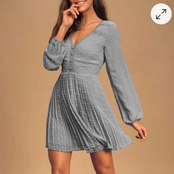 NWT Lulus Dusty Blue Swiss Dot Sheer Long Sleeve Pleated Mini Dress, Sz M