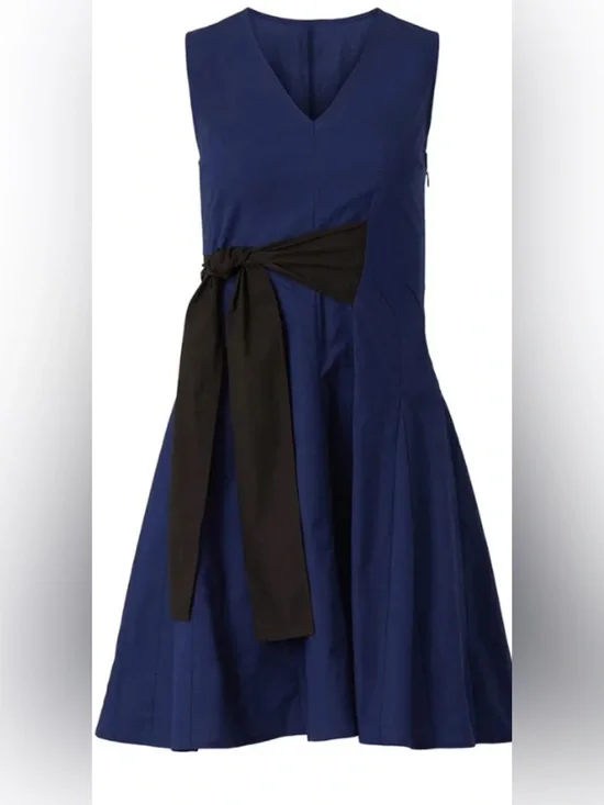 Thakoon Navy Cotton Sleeveless V-Neck Mini Dress with Black Waist Bow: Size 4