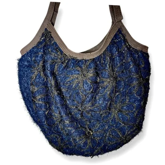 ‘Miss Albright Specialty’ Anthropologie Boho Blue and Gold Metallic Hobo Bag