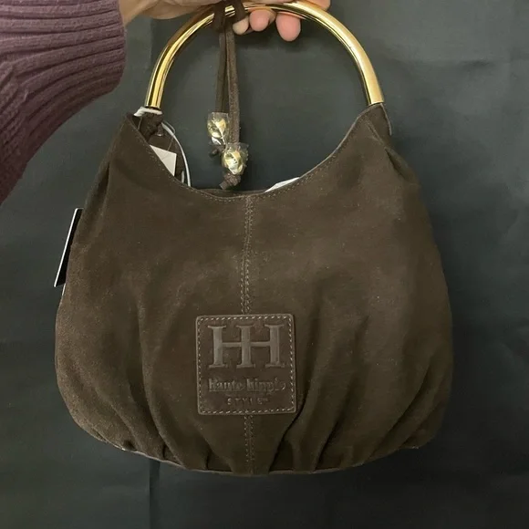 NWT Haute Hippie Dark Brown Suede Shoulder Bag with Gold Handle