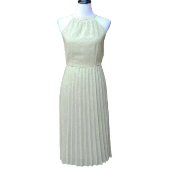 Japna Green Print Halter Dress Pleated Skirt Sleeveless NWT Style #31618