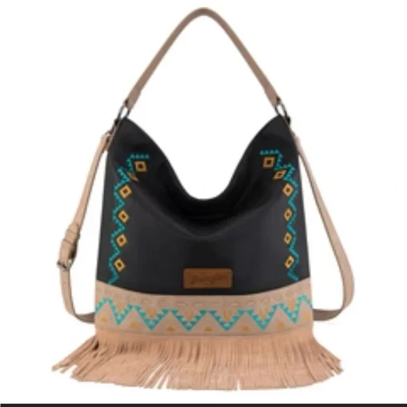 Wrangler Boho Fringe Hobo Crossbody Fringe Bag Black and Tan Shoulder Bag Nwt
