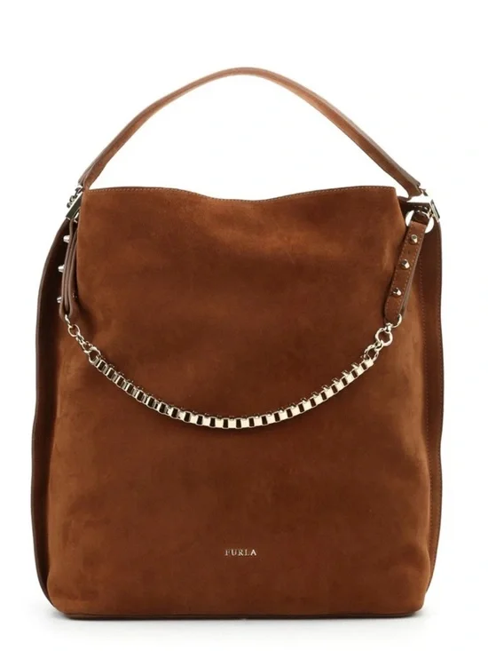 Furla Minerva Suede Hobo Bag Brown Chain Strap Shoulder Boho Luxe Italy Chic