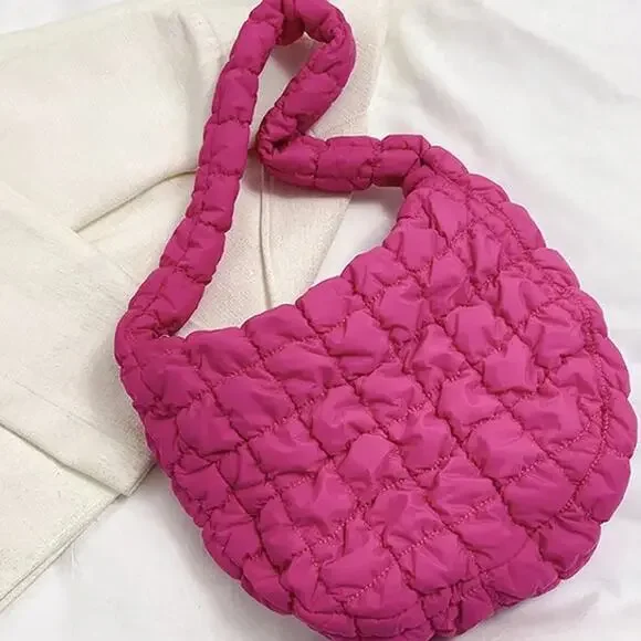 Nylon Puffer Solid Color Purse Tote Handbag Slouch Bag Hot Pink