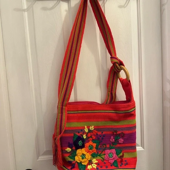 Red and Green Floral Embroidered Hobo Bag