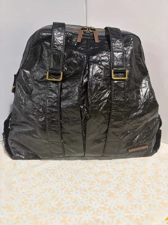 Black‎ Faux Leather Textured Hobo Bag with Gold Accents
