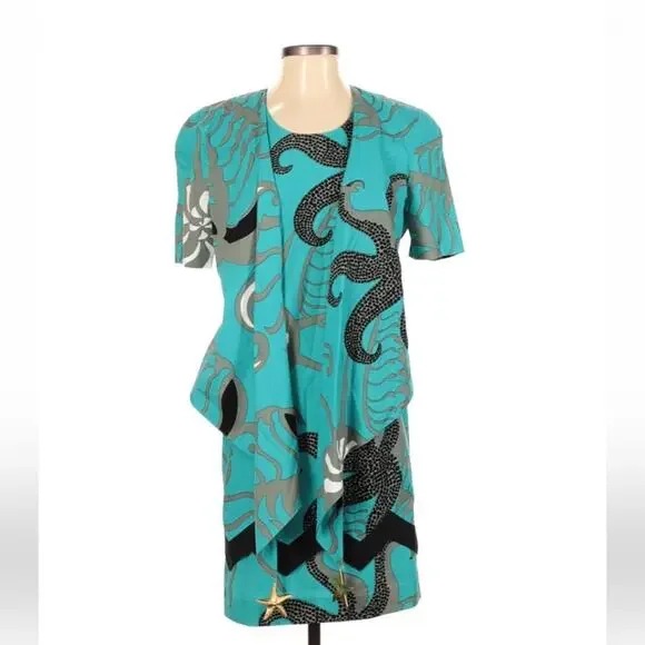 Vintage 80s La Bossa octopus and starfish blue & grey midi dress, size 36 or XS